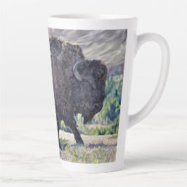 Caneca De Café Latte Bisão Americano Passeando em Campo Gramado