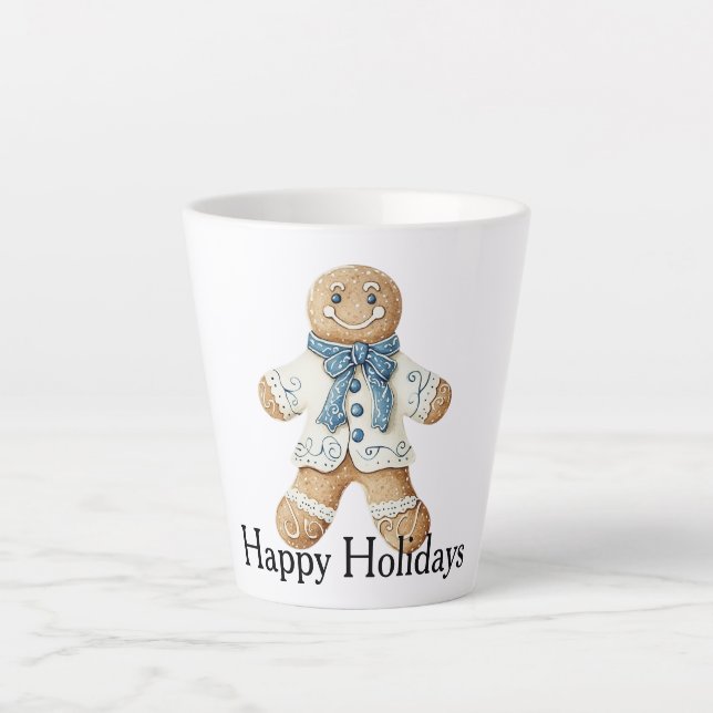 Caneca De Café Latte Biscoito de Natal Homem de Biscoito Branco Azul  (Frente)