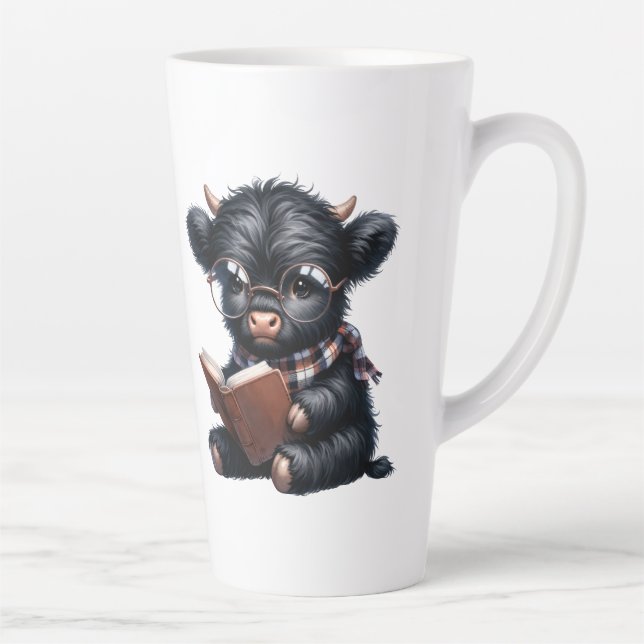 Caneca De Café Latte Black Highland Cow Reading A Book (Direita)