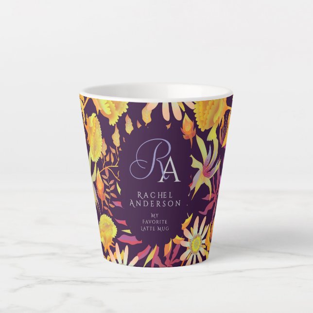 Caneca De Café Latte Blooming Mystical Floral Monogram Brown Latte Mug (Frente)