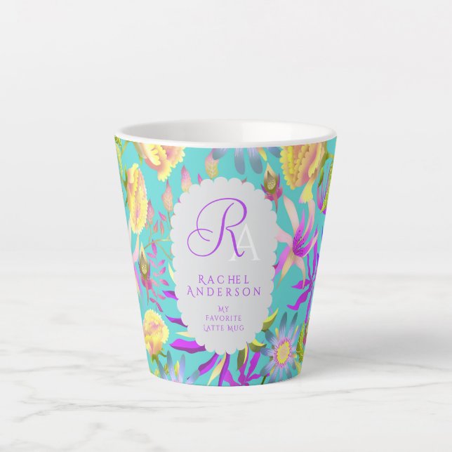 Caneca De Café Latte Blooming Mystical Floral Monogram Teal Latte Mug (Frente)