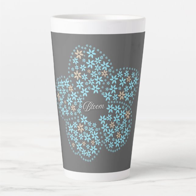 Caneca De Café Latte Blue Beige Floral Bloom – Dark Grey Botanical Mode (Frente)