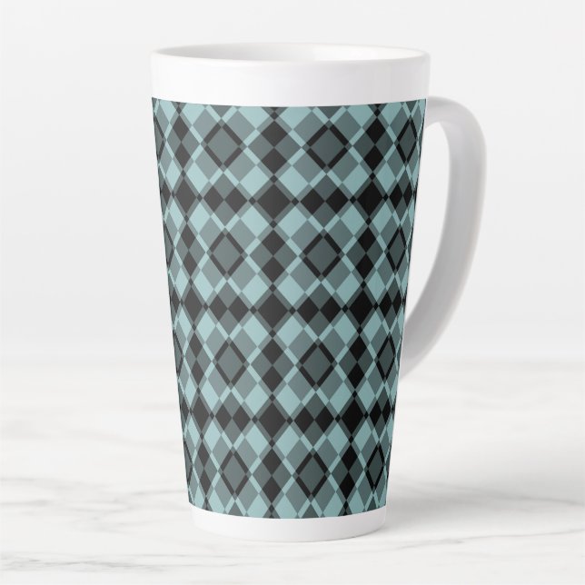Caneca De Café Latte Blue Black Checker Argyle Pattern (Ângulo direito)