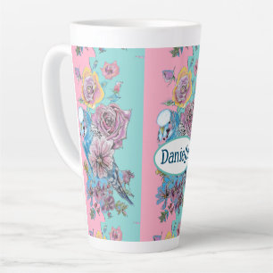 Caneca De Café Latte Blue Budget Bird Rosa Floral Pink Aqua Girls Nome