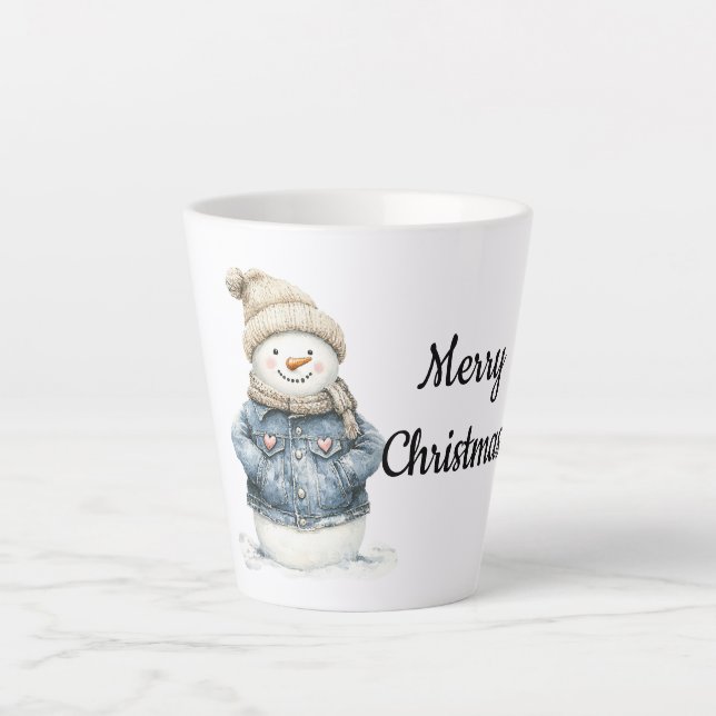 Caneca De Café Latte Blue Denim Snowman Natal (Frente)