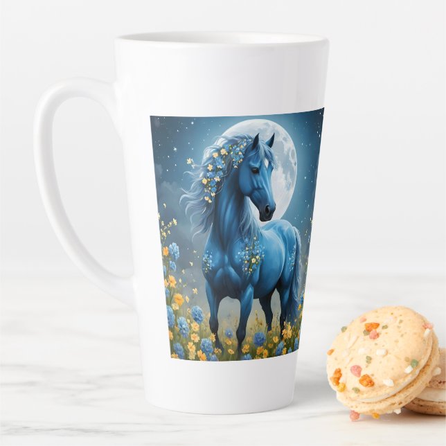 Caneca De Café Latte Blue Fantasy Cavalo Mágico Flores da Lua, (In Situ)