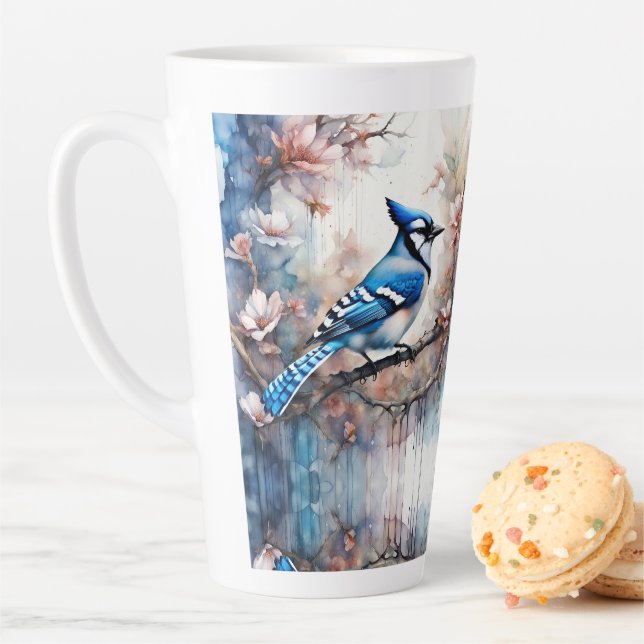 Caneca De Café Latte Blue Jay Cherry Blossoms aquarela (In Situ)