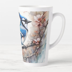 Caneca De Café Latte Blue Jay Cherry Blossoms aquarela
