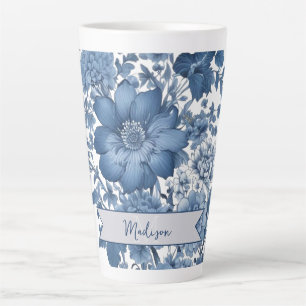 Caneca De Café Latte Blue Vintage Chinoiserie Floral Personalizado