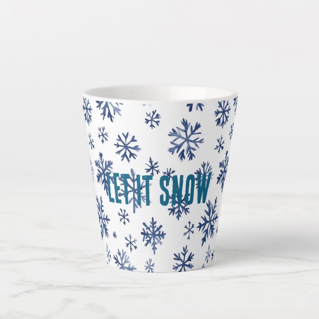 Caneca De Café Latte Blue White Snowflakes Christmas (Frente)