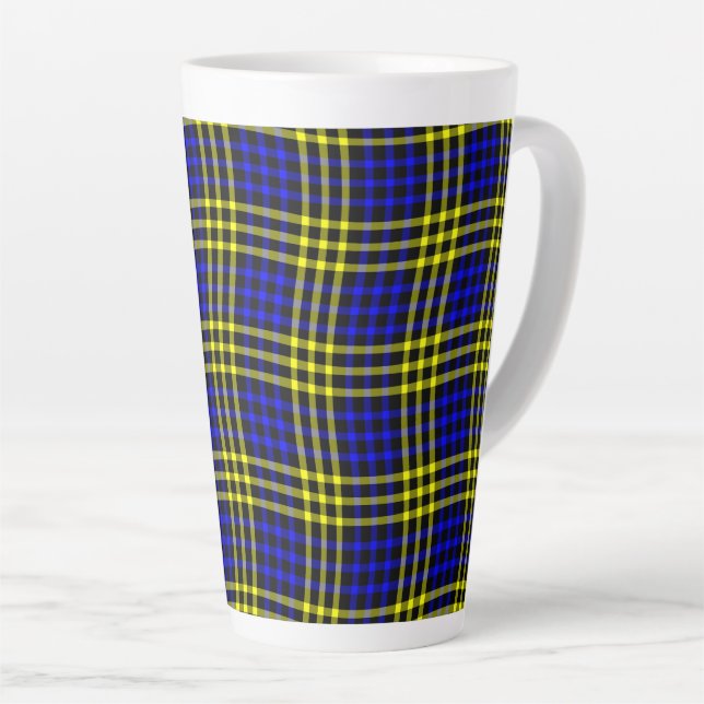 Caneca De Café Latte Blue Yellow Plaid Checker Seamless Pattern (Ângulo direito)