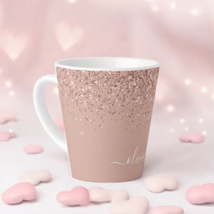 Caneca De Café Latte Blush Rosa Brilho Dourado Rosa Monograma Feminino 