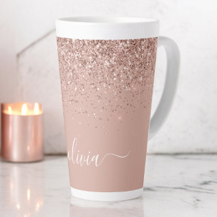 Caneca De Café Latte Blush Rosa Dourado Rosa Brilho Monograma Feminino 