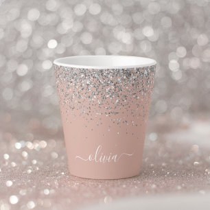 Caneca De Café Latte Blush Rosa Dourado Rosa Prateado Brilho Monograma 