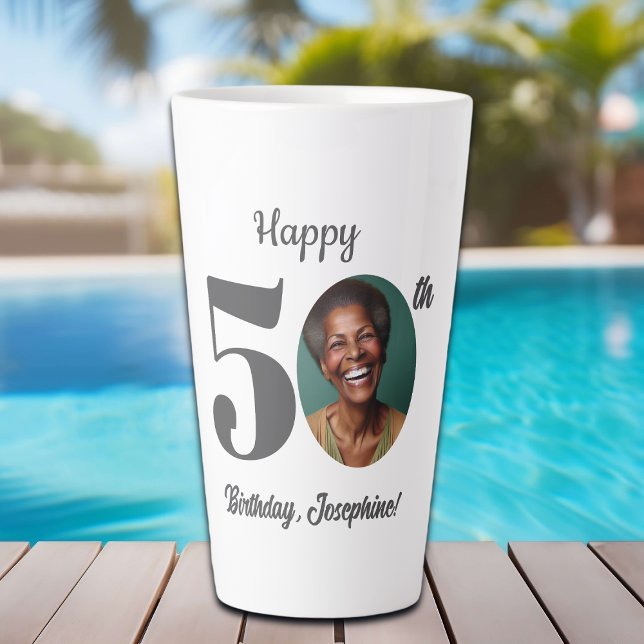 Caneca De Café Latte Bold Happy 50th Birthday Photo (Criador carregado)
