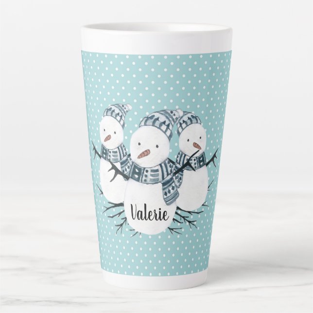 Caneca De Café Latte Bolinhas Whimsical Snowmen Trio de inverno (Frente)
