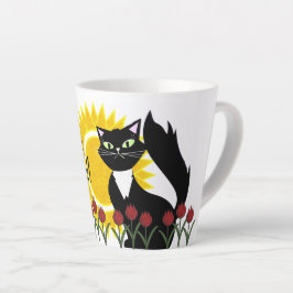 Caneca De Café Latte Bom Dia, Linda! Gato com Sol e Tulipas