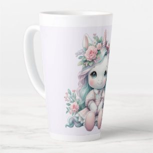 Caneca De Café Latte Boneca Pastel Kawaii Unicórnio com Cesto de Flores