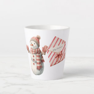 Caneca De Café Latte Boneco de Neve de Natal Alegre Listras Vermelhas