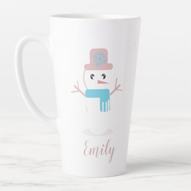 Caneca De Café Latte Boneco de Neve de Natal Rosa Pastel Nome   (Esquerda)