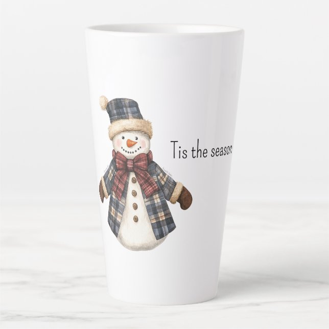 Caneca De Café Latte Boneco de Neve de Natal Xadrez Azul Vermelho (Frente)