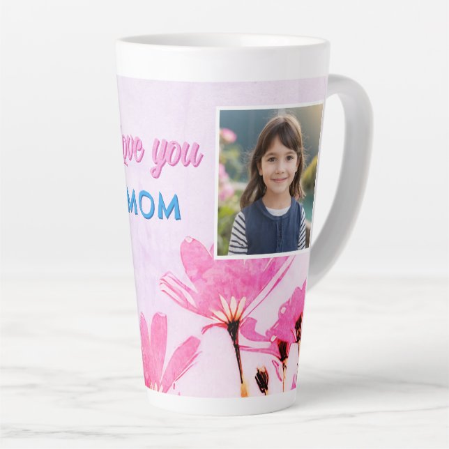 Caneca De Café Latte Bonita Ama Mãe Flores Rosa 2 Fotos (Ângulo direito)