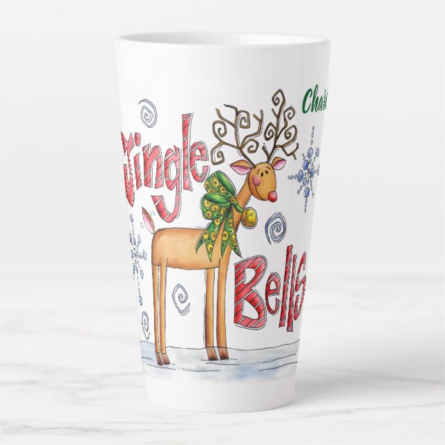 Caneca De Café Latte Bonita Reindeer De Natal, Jingle Bells Flocos De N (Frente)