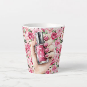 Caneca De Café Latte Bonito em rosas cor-de-rosa prego da mão plana pol