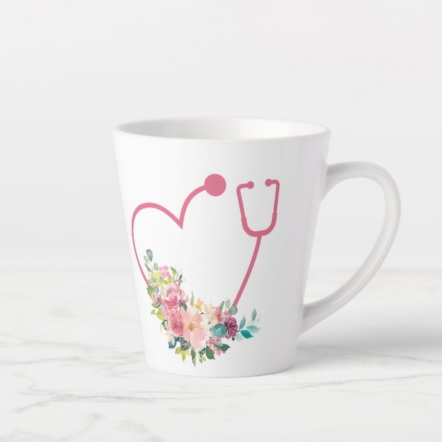 Caneca De Café Latte Bonito Estetoscópio Floral Coração (Direita)