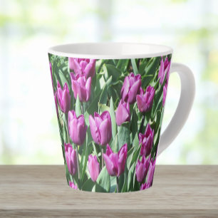 Caneca De Café Latte Bonito Tulipas Roxas Floral