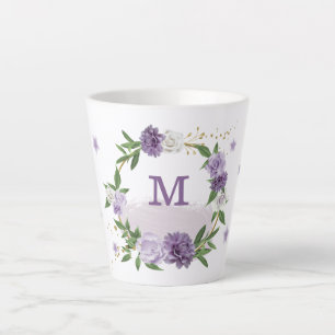 Caneca De Café Latte Bonito verde-flores roxas
