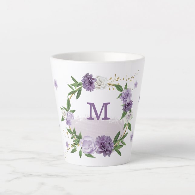 Caneca De Café Latte Bonito verde-flores roxas (Frente)