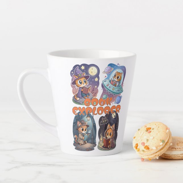 Caneca De Café Latte Book Explorer – Cute Cat Reading Adventure (In Situ)