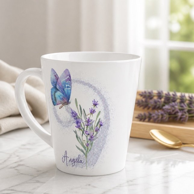 Caneca De Café Latte Borboleta Azul e Lavanda Personalizadas (Criador carregado)