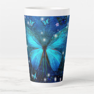 Caneca De Café Latte Borboleta Azul Elegante
