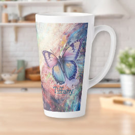 Caneca De Café Latte Borboleta Azul, Púrpura e Cor de Água Rosa