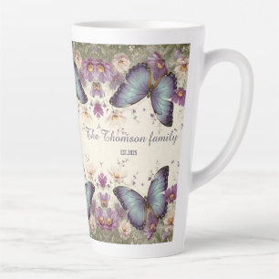 Caneca De Café Latte Borboleta Azul Vintage e Floral para Família