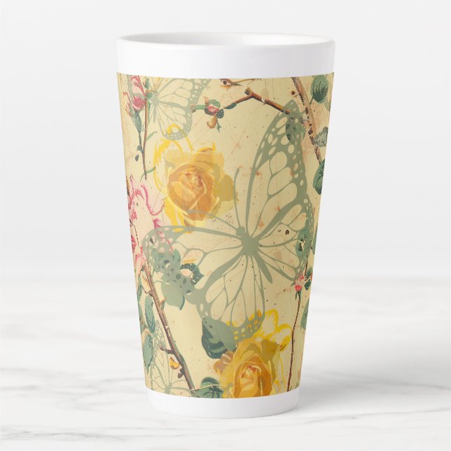 Caneca De Café Latte Borboleta de algodão amarela (Frente)