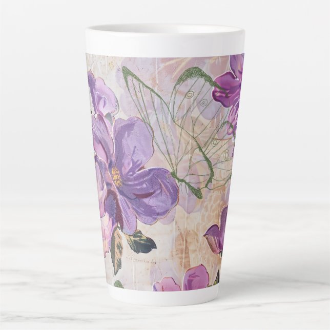 Caneca De Café Latte Borboleta de Algodão Roxo (Frente)