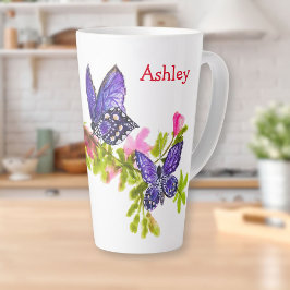 Caneca De Café Latte Borboleta e Flores de Aquarela Púrpura Personaliza