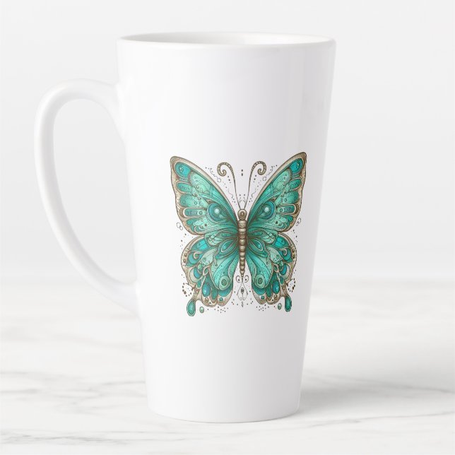 Caneca De Café Latte Borboleta Elegante Turquesa Grande (Esquerda)
