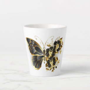 Caneca De Café Latte Borboleta Flor Dourada com Orquídea Preta