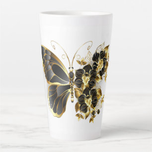 Caneca De Café Latte Borboleta Flor Dourada com Orquídea Preta