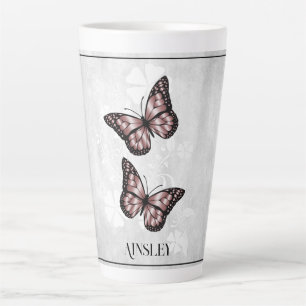 Caneca De Café Latte Borboleta Rosa Floral Personalizado Latino
