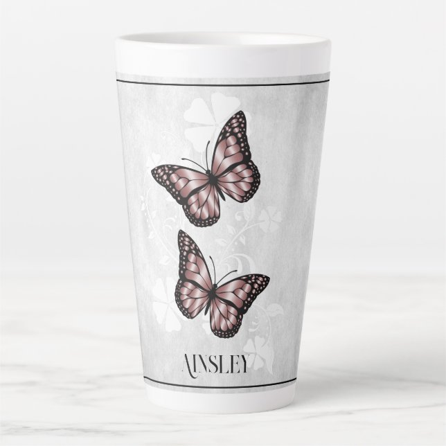 Caneca De Café Latte Borboleta Rosa Floral Personalizado Latino (Frente)