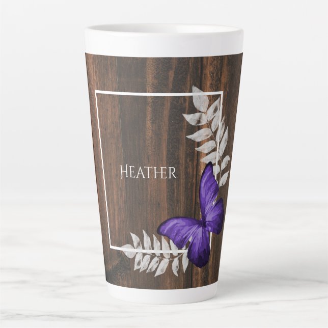 Caneca De Café Latte Borboleta Roxa Rústica Personalizada Lata (Frente)
