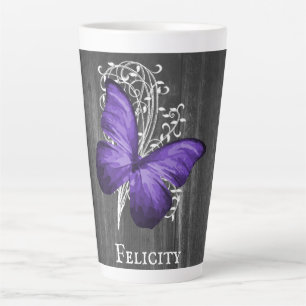 Caneca De Café Latte Borboleta Rústica Roxa Personalizada Lata