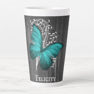 Caneca De Café Latte Borboleta Rústica Teal Personalizada Lata