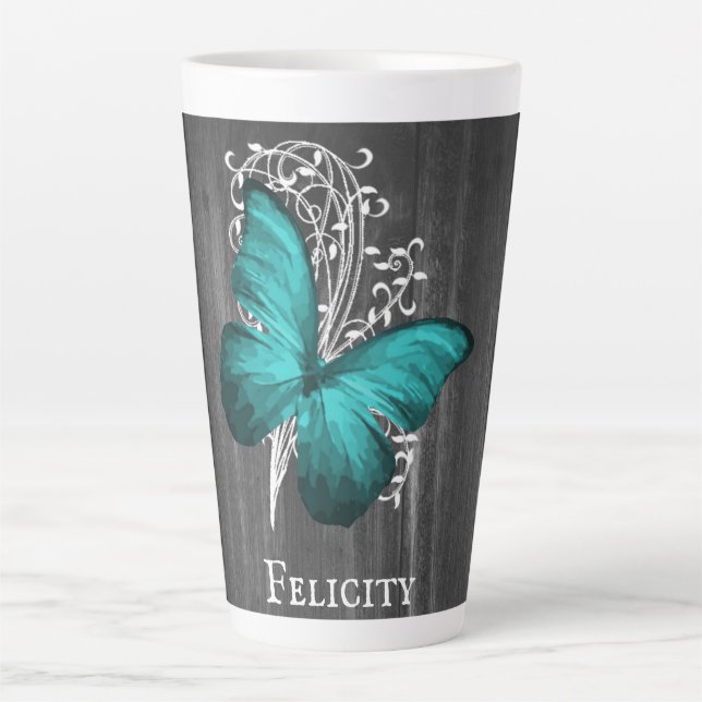 Caneca De Café Latte Borboleta Rústica Teal Personalizada Lata (Frente)