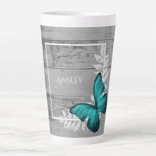 Caneca De Café Latte Borboleta Teal Rustic Personalizou Lata (Frente)